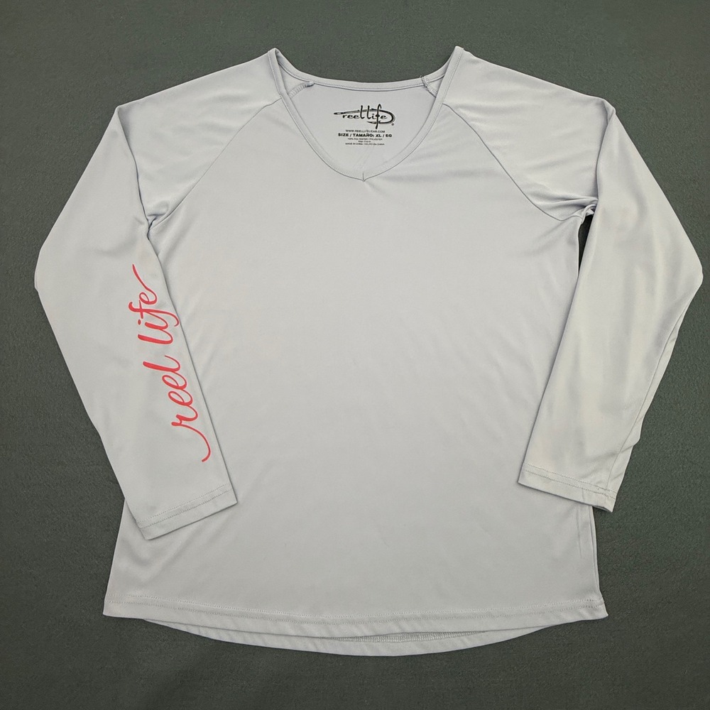 Reel Life Fishing Shirt Womens Extra Large Gray Long Sleeve Performance Graphic